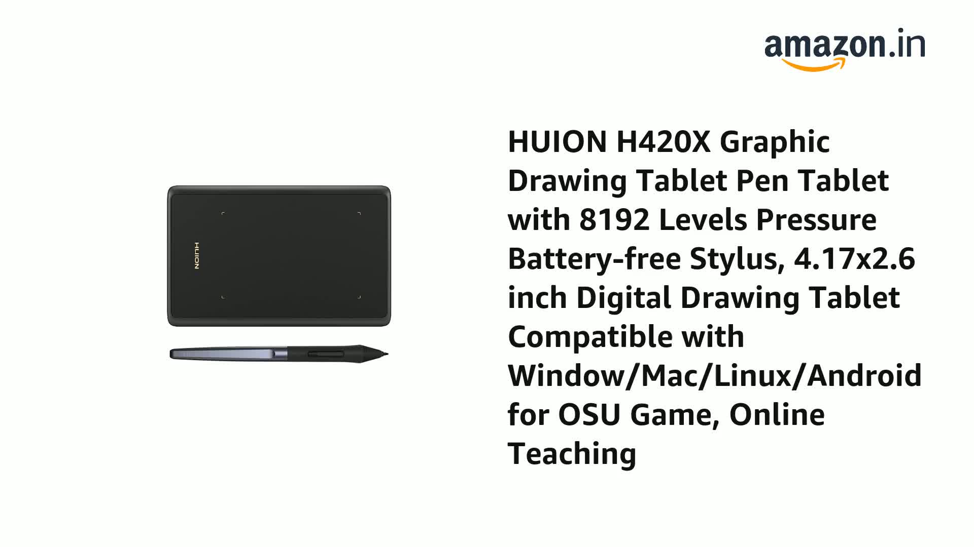 HUION H1060P Tablette Dessin Graphique Stylet Sans Batterie Inclinaison