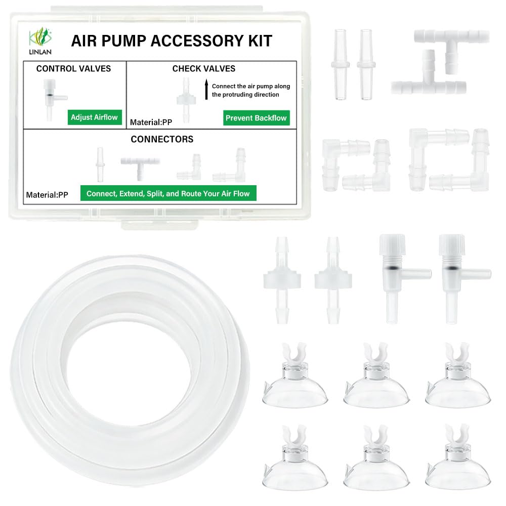 LINLAN 3M 4 * 6mm Silicone Airline Tubing with Storage Box, Aquarium Air Pump Accessory Kit, 2 Check Valves, 2 Control Valves, 8 Connectors, 6 Suction Cups, for Fish Tank