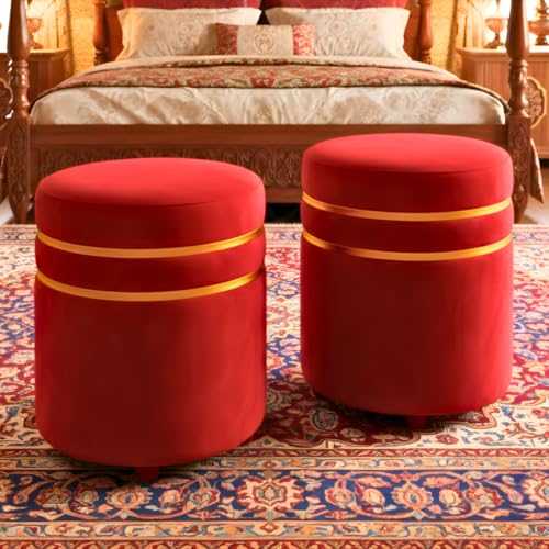 Image of Decorative Ottoman Pouffes for Sitting - Two-Piece Set of Puffy Stools and Footstools - Round Ottoman Stool for Living Room Furniture (RED)