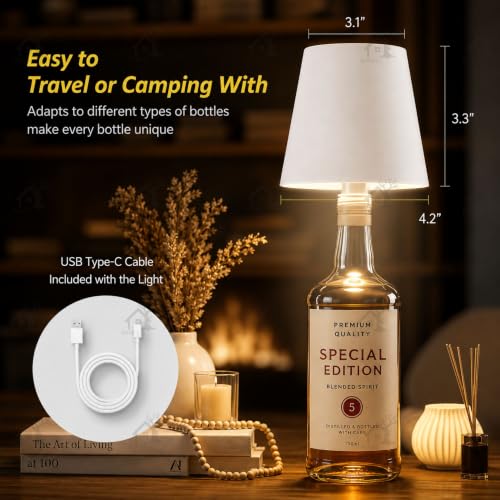 Image of ANKRI Wireless Bottle Lamp LED 3 Colour Light Battery Desk Dimming Night Light Indoor Portable for Cafe Restaurant Home Living Room | 15 cm | White | Long Lasting Battery