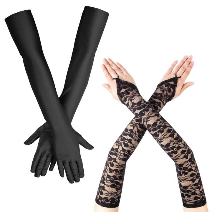 2 pares de luvas compridas para mulher, luvas pretas compridas, luvas longas de festa, luvas de mulher vintage retro, adequadas para graduações, festas, casamentos, reuniões (preto), Preto