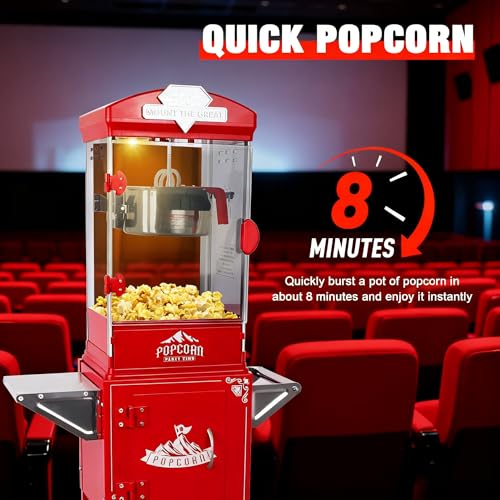 Image of Popcorn Machine with Cart - Stainless Steel Pot with Storage - Cinema Style Retro Popcorn Maker with Wheels for Home Parties, Movie Theaters, Christmas Concession Equipment - Red (12OZ /Cart)