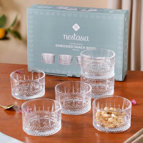Image of Nestasia Glass Bowl Set of 6 - 220ml Transparent Katori for Kitchen & Dinner, Microwave Safe Snack & Dessert Bowls with Gift Box, Perfect for Gifting