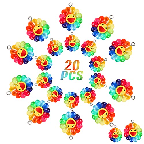 BENOSPACE 20 Pcs Colorful Smile Face Sunflower Charms Pendants, New Smooth Resin Rainbow Smile Sunflower Bead Collection Crafts for DIY Bracelet Necklace Earring Keychain Making,2 Sizes
