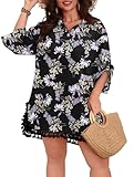 POSESHE Women's Plus Size Summer Swimsuit Cover-Up Shirts Sexy Fashion Vacation Swimwear Bikini Dress,Black Lilac,2XL