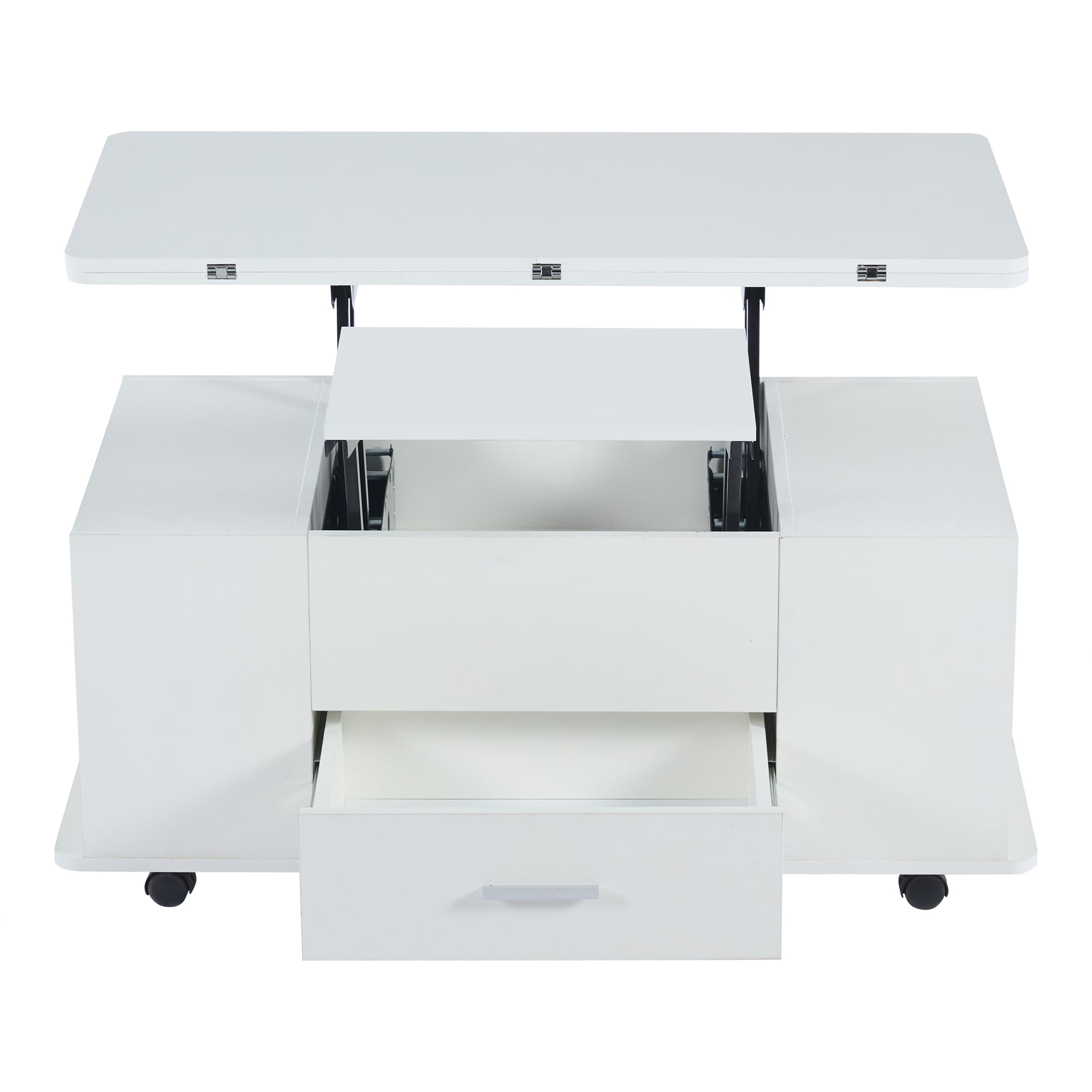 Mesa de centro regulable en altura, mesa de sofá móvil, mesa de centro multifunción 4 en 1, convertible en sala de estar, comedor, mesa de centro con cajones, con 4 taburetes, color blanco