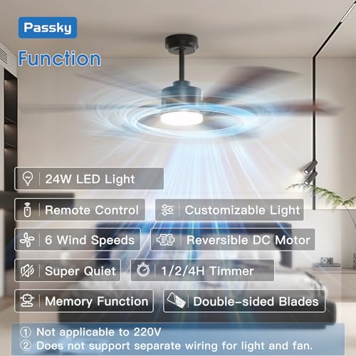 Image of Passky 60 Inch Black Contemporary Ceiling Fans with Lights, Remote Control | 3CCT dimmable light, quiet DC motor, reversible airflow; black contemporary style for bedroom and living room