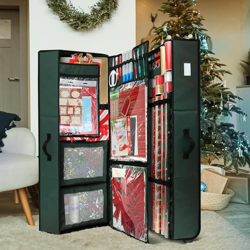 Image of Hearth & Harbor Holiday Storage with Extra 2 PC of Christmas Storage Bins and Ribbon Storage Organizer - Fade Resistant Wrapping Paper Storage Containers with Wheels Fits Up to 30 Rolls of 40 inch Length