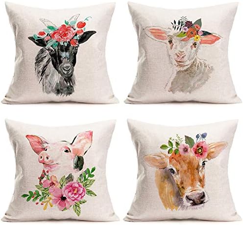 Doitely Set of 4 Animal Head with Flower Series Cotton Linen Throw Pillow Covers Black White Goat Cattle Pig Decorative Cushion Cover 18x18 Inches for Bedroom Sofa