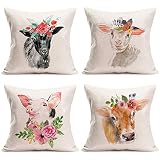 Doitely Set of 4 Animal Head with Flower Series Cotton Linen Throw Pillow Covers Black White Goat Ca