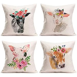 Set of 4 Animal Head with Flower Series Cotton Linen Throw Pillow Covers Black White Goat Cattle Pig Decorative Cushion Cover 18×18 Inches for Bedroom Sofa