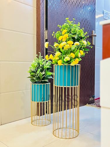 Image of Modern Metal Decorative Floor Standing White And Gold Indoor Outdoor Plant Stand With Pot For Home Decor Living Room Office Bedroom Balcony Set of 2 Flower Pots (Green)