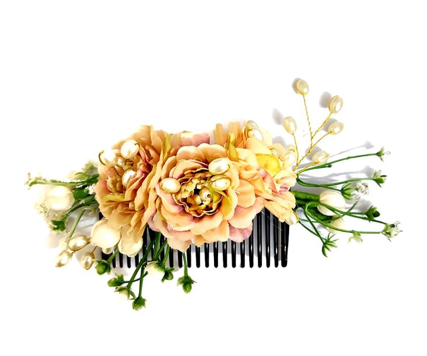 Image of Hair Flare Comb Slide for Women, Girls Artificial Flower Hair Accessories, Bridal Hair Pin for Bun, 2215 - Peach