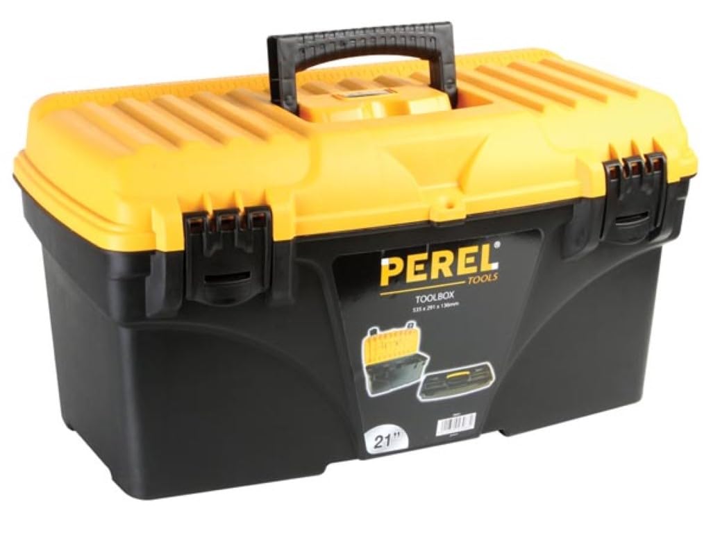 Perel caja de herramientas 43,5L con bandeja extraíble, toolbox de plástico con asa plegable y cierres de plástico, maletín herramientas 53,5 x 29,1 x 28 cm