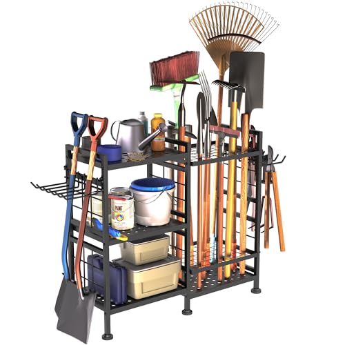 Image of GIOTORENT 6 Tier Garden Tool Organizer, Garage Storage and Organization, Metal Yard Tools Storage Rack, Heavy Duty Garden Tool Organizer for Garage, Yard, Patio, Shed, Indoors and Outdoors, Black