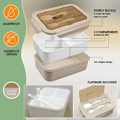 Bento Box Lunch Box Food Container Adult With Fork And Spoon Compartments Travel And Go, Bpa-Free Microwave Refrigerator And Dishwasher Safe (Beige) #TOP4