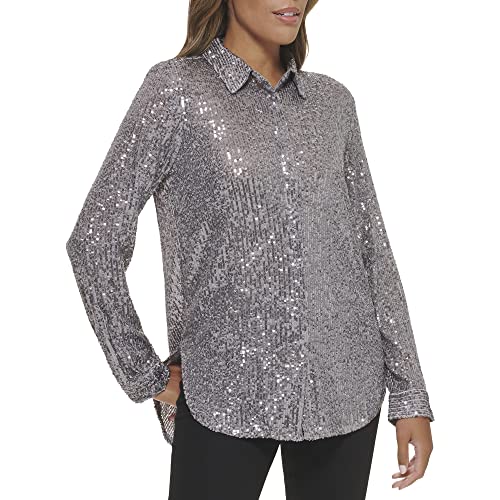 Calvin Klein Women's Sparkly Tunic Long Sleeve Sequin Mesh Oversize Blouse, Metallic Granite, X-Small #TOP2