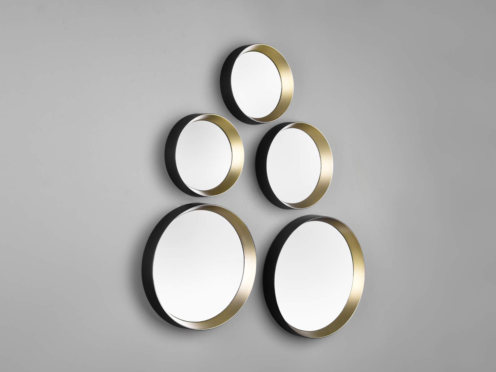 Set di 5 specchi decorativi da parete – cornice rotonda in nero e oro – con magnete per incollare senza forare