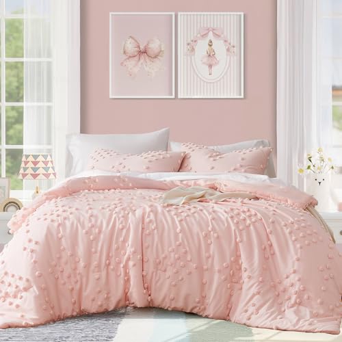 Geniospin Pink Full Comforter Set for Girls- 7 Pieces Pom Tufted Bed in A Bag Full Bedding Sets with Sheets, Pillowcases & Shams, All Season Kids Comforter Set