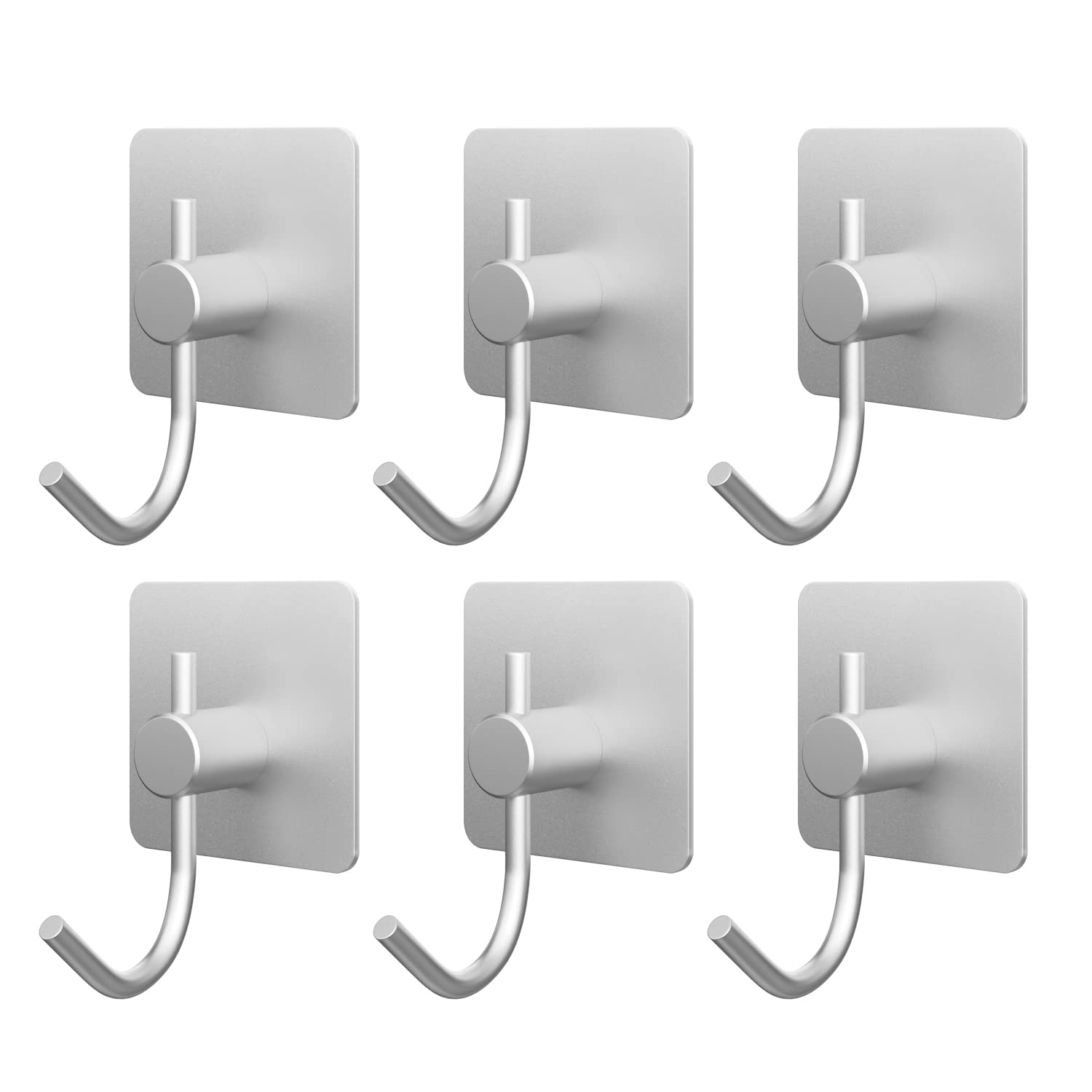 VAEHOLD 6PACK Adhesive Wall Hooks, Heavy Duty Sticky Holder Waterproof Aluminum Towel Hooks for Hanging Coat, Hat, Towel, Robe, Key, Closet Hook Wall Mount for Kitchen, Bathroom (Silver)