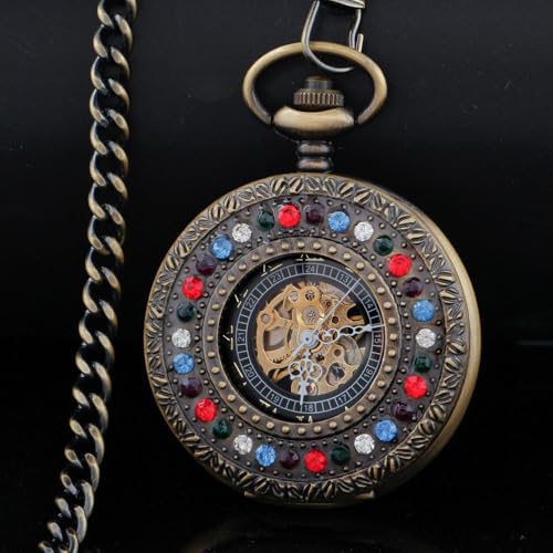 Image of Half Hunter Hand Wind Up Mechanical Pocket Watch Vintage Roman Numerals Skeleton Watches with Chain&Box