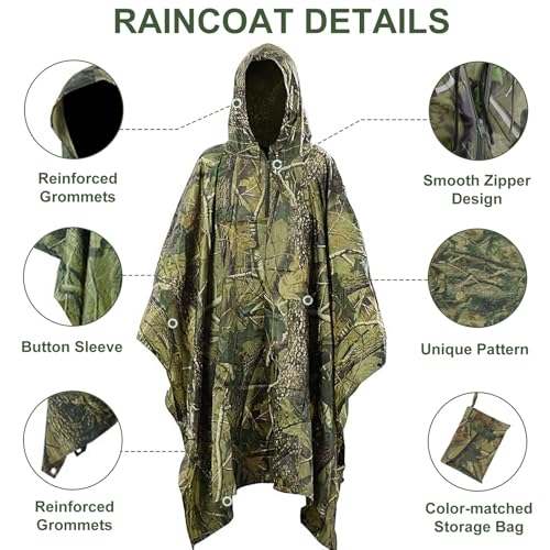 Mture Camouflage Regen Poncho, 3-in-1-Multifunktional Regenmantel Wasserdichter Regenjacken, Wiederverwendbar Camouflage Regenjacken Regencape, Regencape mit Kapuze für Fahrrad, Wandern und Camping