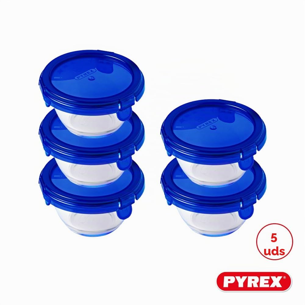 Pyrex® - Lote de 5 tarros redondos de cristal con tapas herméticas y herméticas (0,2 L), sin BPA