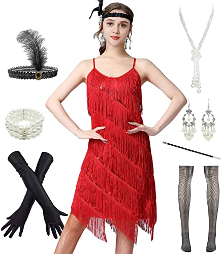 Image of Women 1920s Gatsby Flapper Dress Sexy Open Back Strap Fringed Cocktail Party Dress with 20s Accessories