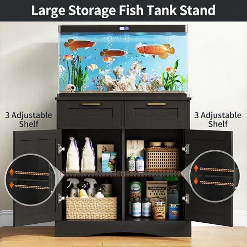 Image of 20 Gallon Fish Tank Stand, with Storage Cabinet and 2 Drawers Fish Tank Stand, Fish Tank Accessories Storage, for 20-29 Gallon Aquarium Stands PTBX01BK (Black, 30.71'' x 15.75'')