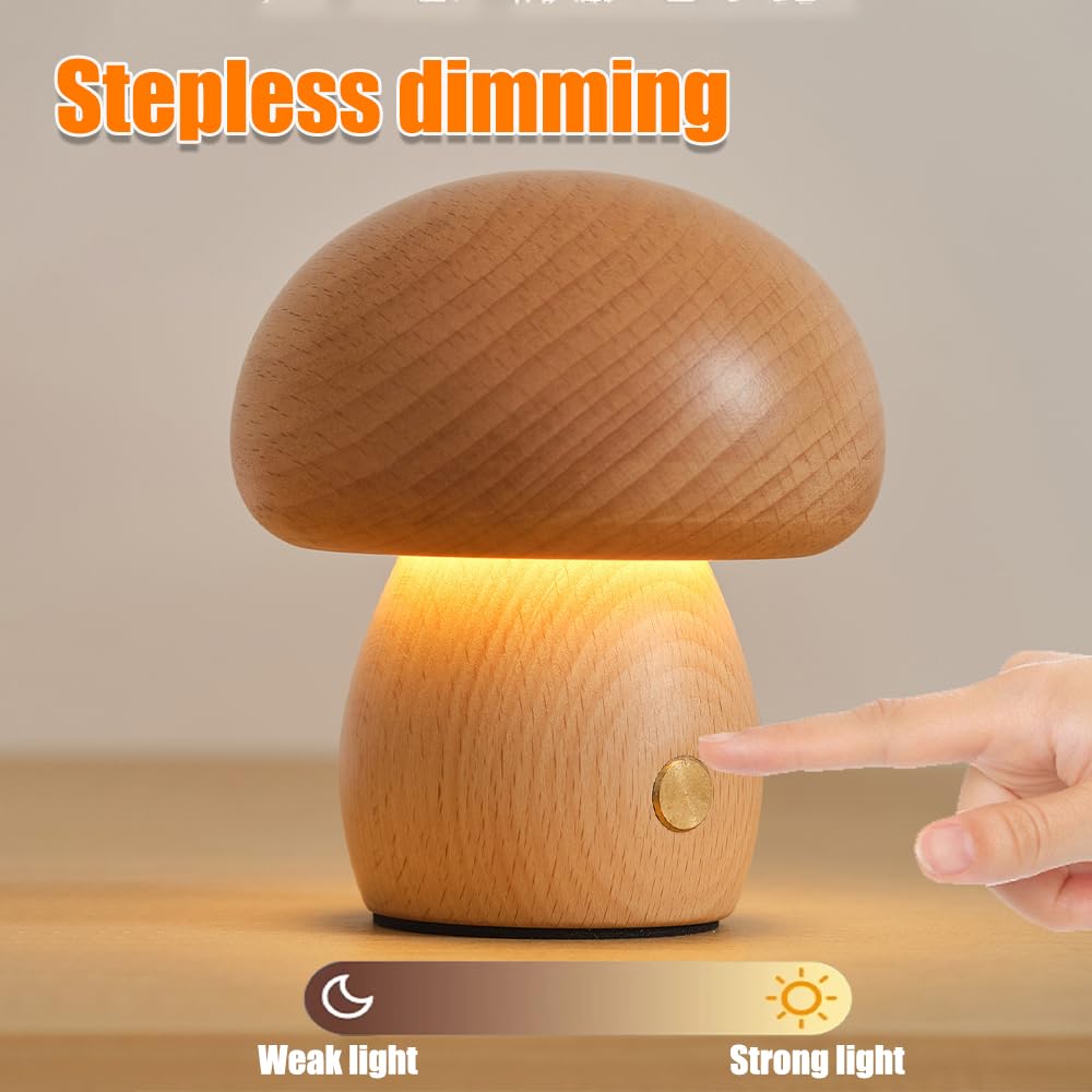 BDKMMS Wooden Mushroom Lamp, Cordless Nightstand Light with 5-Speed Brightness, Rechargeable Table Night Lamp for Bedroom Living Room - Image 3