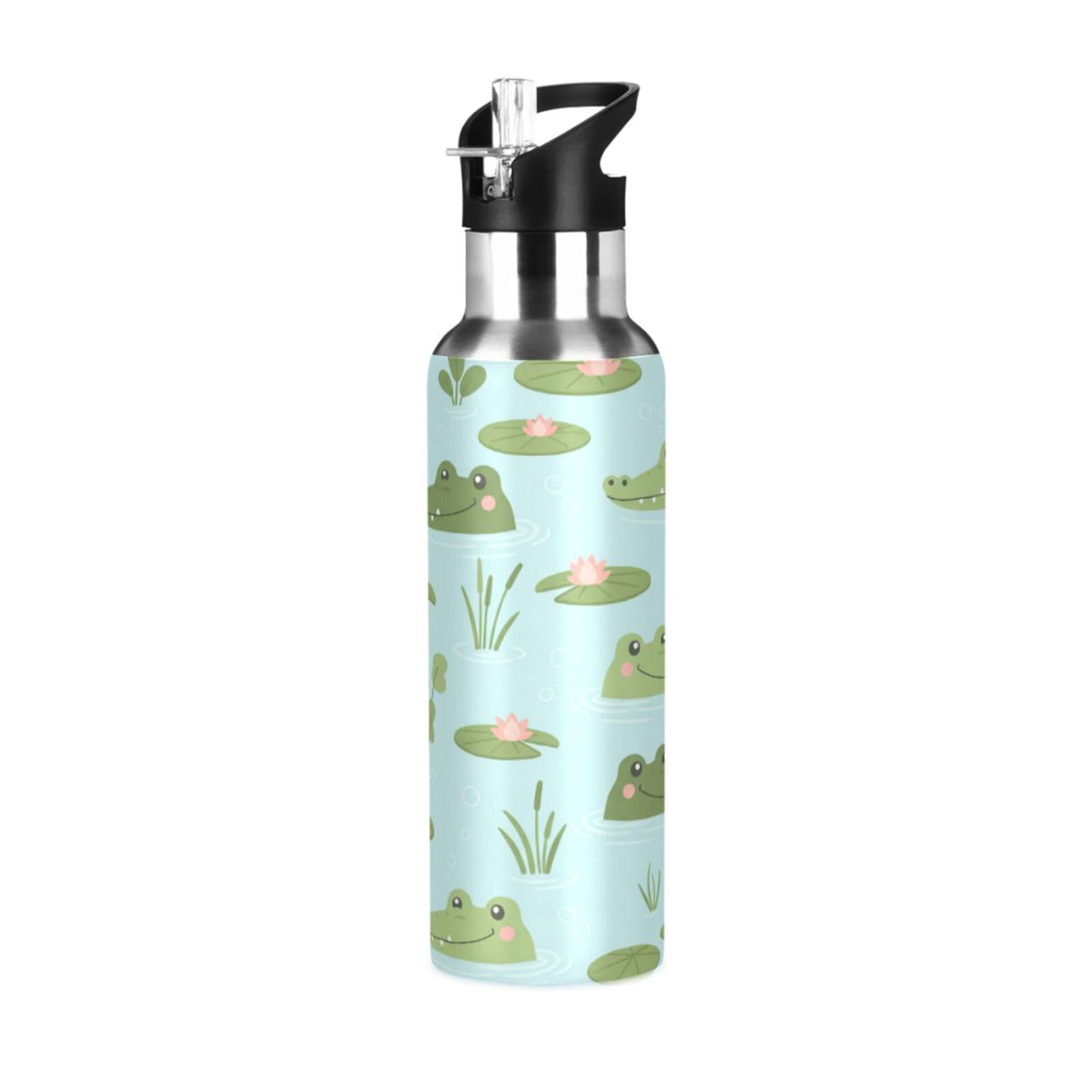 BOESI Crocodile Pattern Insulated Water Bottle 600ml, Stainless Steel Vacuum Sports Bottle with Straw, Leak Proof Thermal Bottle for Gym Travel Outdoor
