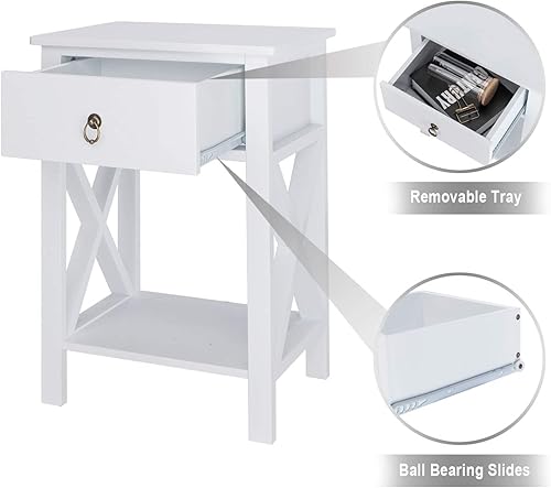 Miniatura 5 de VINGLI White Nightstand with Drawer and Shelf Farmhouse Night Stands for Bedrooms Storage End Table Bed Side TableNight Stand with Rustic Handle for