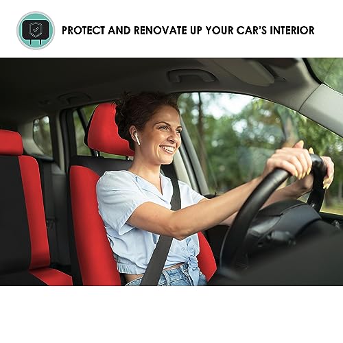 Image of FH Group Universal Car Seat Covers Full Set for SUV Truck Sedan Vans | Waterproof All-Purpose Cloth Seat Cover Set Airbag Compatible Washable Split Bench Protector Interior Upgrade - Red