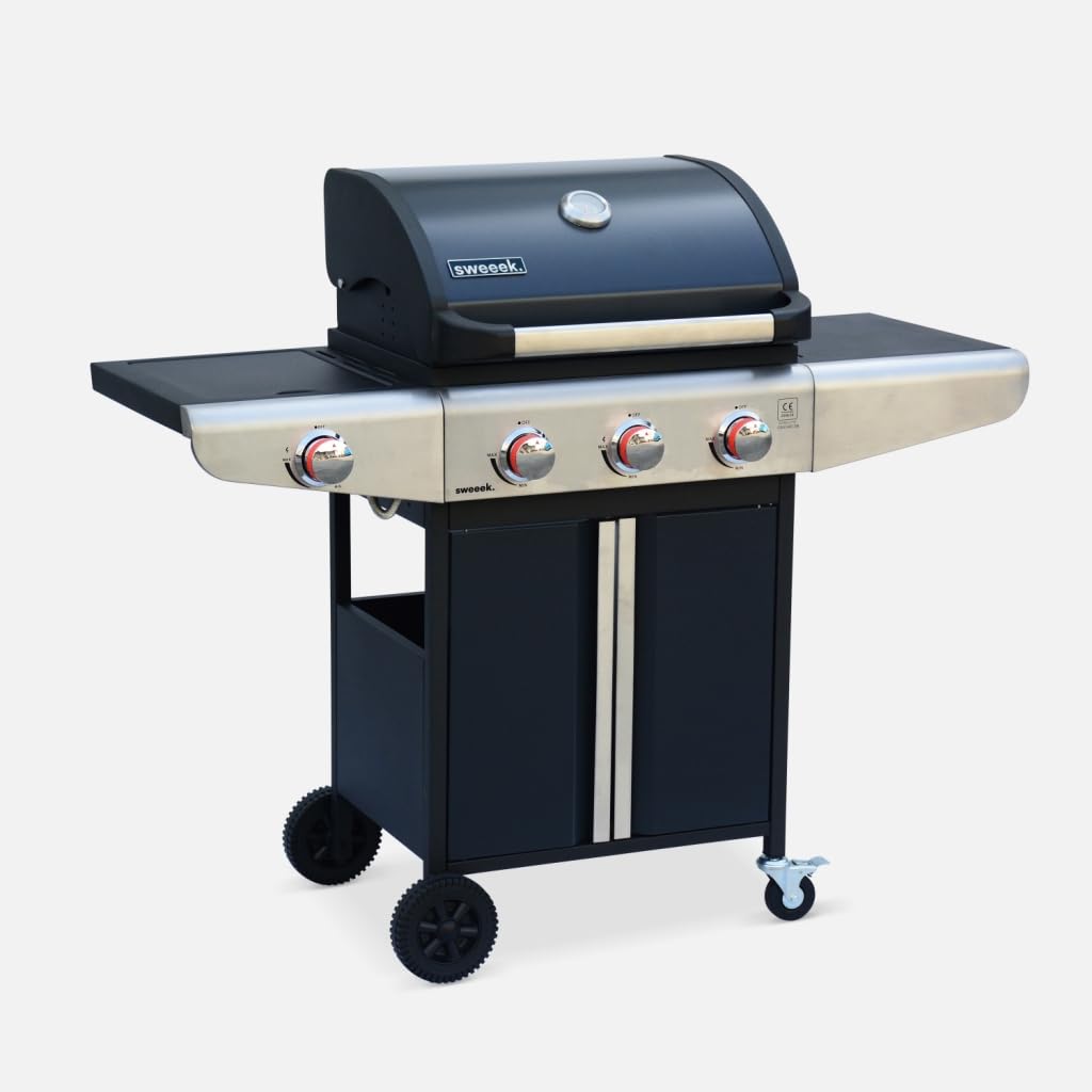 sweeek-Barbacoa de gas de 3 quemadores con 1 quemador lateral, Bazin 3, Negro, 126.5x53.5x109.2 cm
