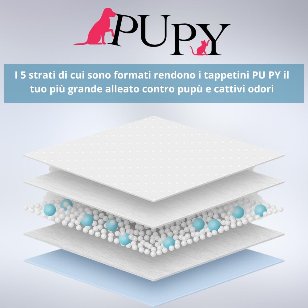 PUPY Jumbo - 200 tappetini igienici per cani con Polimeri Ultra-Assorbenti. Traversine Cani 60x90 Monouso e Anti-Odore, Traverse Cani con 4 Lati Super-Adesivi (60x90, 200)