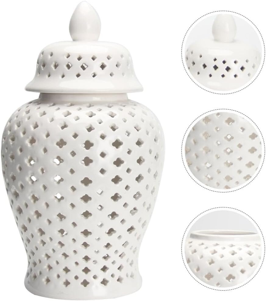 Kichvoe Hollow Out White Ceramic Ginger Jar with Lid 8.26 Inch Decorative Flower Vase Storage Canister for Home Wedding Party Accent