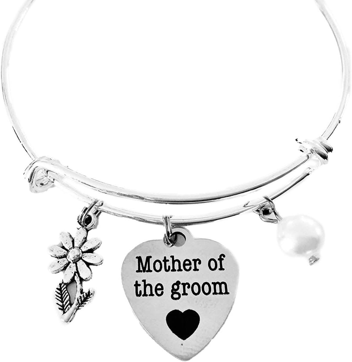 Mother of the Groom Jewelry Adjustable Bracelet Expandable Silver Charm Bangle Wedding One Size Fits All Gift Custom Options Available