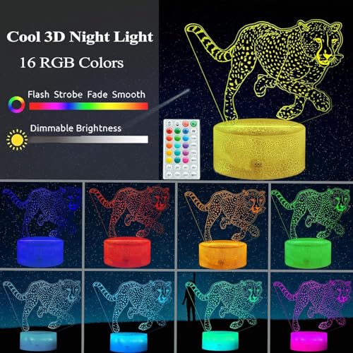 Image of Cheetah Night Light, 3D Illusion Lamp with 16 Color Changing Modes, Remote Control Timer and Dimmable, Kids Boys Girls Room Decoration, Holiday Xmas Gifts