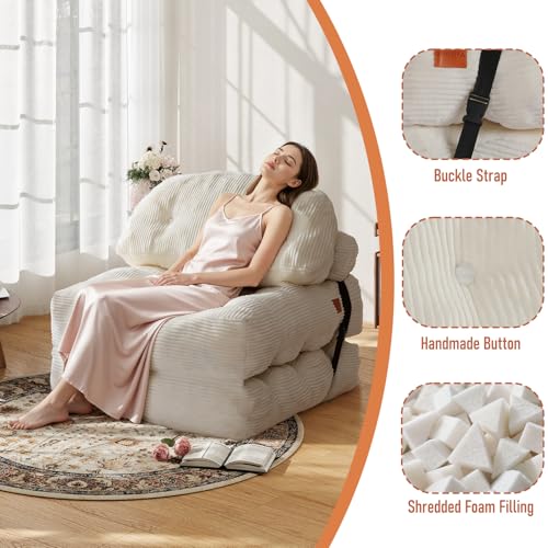 Image of Folding Sofa Bed, Convertible Sleeper Chair with Back Support and Pillow | Boneless Foldable Couch for Living Room /Guest Use /Home Office, Foldable Chair Bed for Adults, Beige