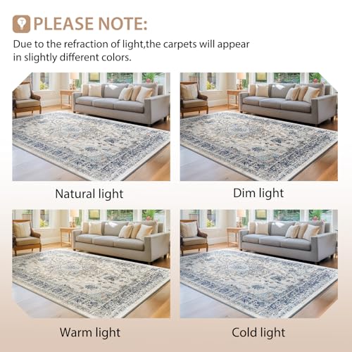 Image of BESTSWEETIE Washable Boho 2x8 Runner Rug, No Pile, Living Room, Beige Blue