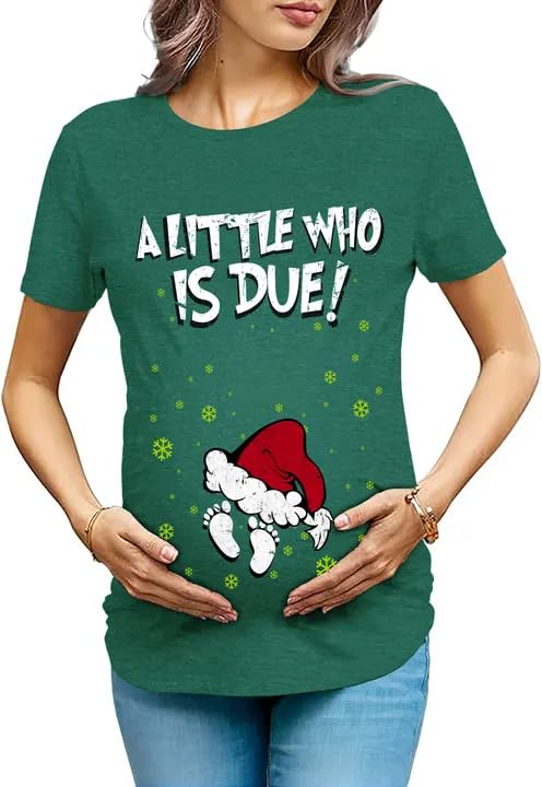 OCURHU Christmas Maternity Shirt for Women A Little Who is Due Shirts Cute Pregnancy Announcement Tshirt Green M