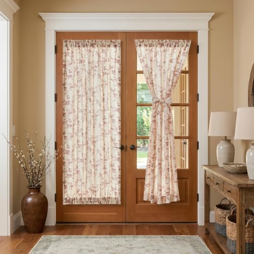 Image of jinchan Terracotta Linen French Door Curtain 72 Inch Rod Pocket 1 Panel | Light filtering, farmhouse fresh floral print, a tieback included, full length door panels for patio door, sliding glass door