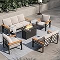 Aoxun Patio Furniture Set, Aluminum Patio Set with Fire Pit Table and 5" Thicken & Washable Cushion, Waterproof Outdoor Furniture, Outdoor Couch Sectional for Backyard (7 Seats/F, Grey)
