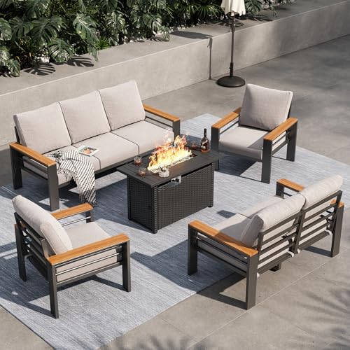 Aoxun Aluminum Outdoor Patio Furniture Set, 8-piece Outdoor Sectional with 44'' Propane Gas Firepit Table, Patio Conversation Sets with Upgraded Armrests and Cushions for Backyard, Garden and Poolside