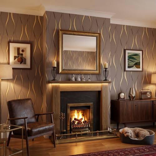 Image of Trafagala Taupe Brown Wallpaper Gold Swirls Glitter Embossed Stripe