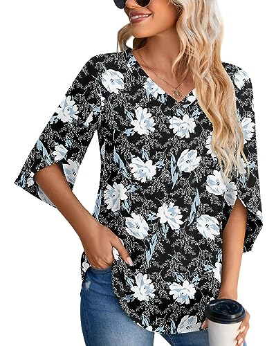 Aodemo Women's Summer Plus Size Dressy Chiffon Blouse 3/4 Sleeve V Neck Tunic Casual Shirt Office Work Tops 2XL, Black-White Lily