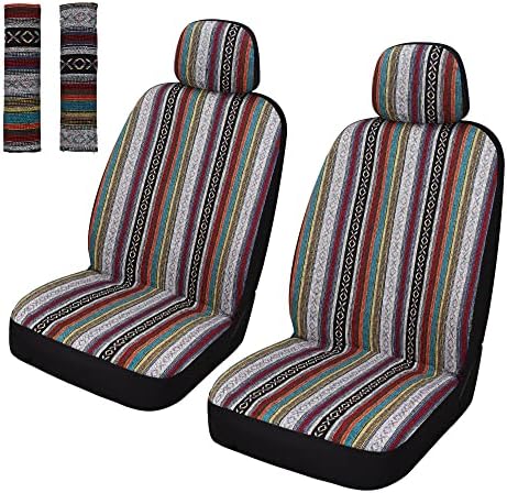Pariitadin Baja Saddle Blanket Car Seat Covers Front Set with Seat Belt Pads, Washable Breathable Striped Woven Cloth Seat Covers for Cars, Universal Fit Most Cars, Airbag Compatible, Red