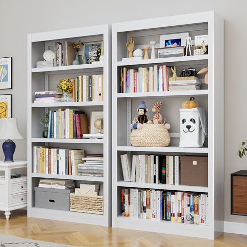 Image of 69 inch Metal Bookshelf and Bookcase | 5-Tier Adjustable Shelves, Deep Modern Storage Shelf for Living Room, Office, Bedroom, White