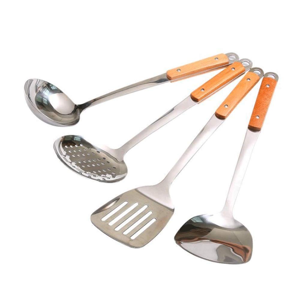 NGDFGR Wooden Spatula Colander Kitchen Handle Stainless Steel Kitchen Utensils And Hot Pot Soup Spoon Spoon Stir Fry A Shovel,