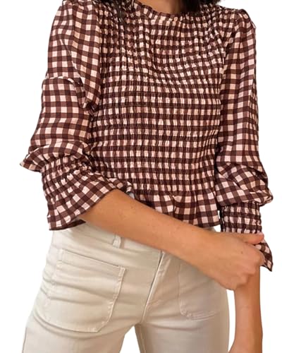 Women Plaid Pleated T-Shirt Summer Round Neck Bubble 3/4 Sleeve Smocked Silhouette Slim Ruffled Hem Tops Streetwear (Coffee A, S)